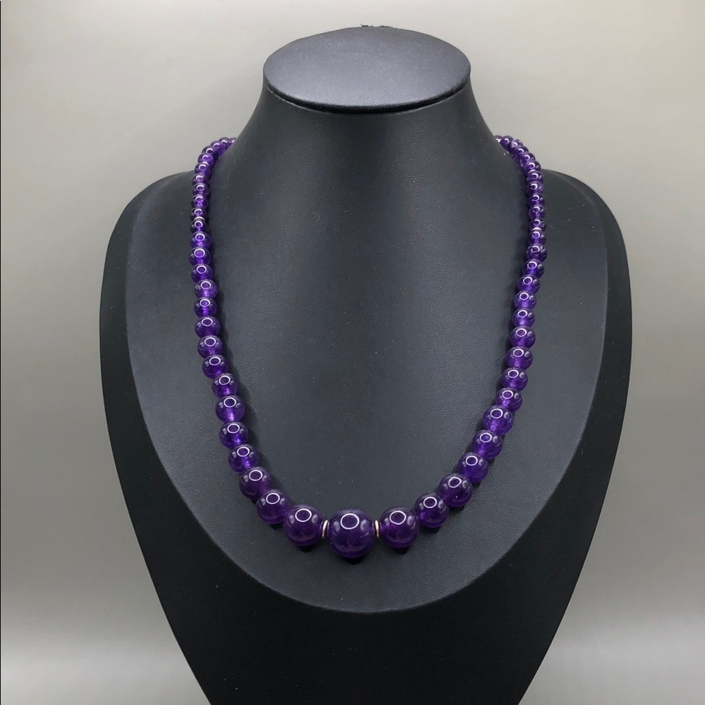 Polished round natural amethyst gemstone stone bead sterling silver 925 necklace